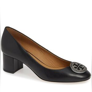 Tory Burch Liana Leather Pumps Shoes  BLACK Crystal Logo 6.5 M
